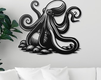 Wanddeko aus Metall mit Oktopusmotiv: Maritimes Kraken-Dekor im Küsten-Steampunk-Stil