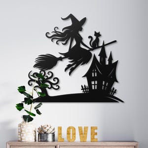 Witch Metal Wall Art | Halloween Wall Decor | Haunted House Sign | Black Cat & Broomstick Hanging for Porch | Gothic Spooky Season Art