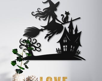 Halloween Decor Flying Witch Wall Hanging, Wicked Witch Rustic Home Decor, Witchcraft Magic Spell, Trick or Treat Witch Wall Decor