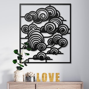 Japanese Cloud Metal Wall Art, Zen Decor for Meditation Room, Minimalist Asian Wall Hanging, Yoga Studio Art, Abstract Geometric Metal Sign