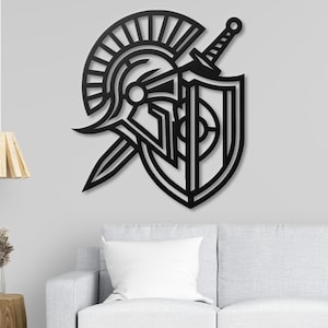 Spartan Helmet Metal Wall Art, Sword and Shield Decor, Roman Warrior Sign, Man Cave Decor, Gym Wall Art, Gift for Him, Gladiator Art