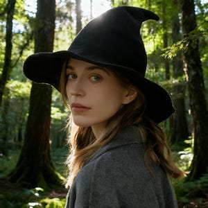 May include: A black pointed hat with a wide, slightly curved brim. The hat is constructed from a solid, dark material with a smooth texture, featuring a tall, conical crown that tapers to a rounded tip, providing a classic, structured silhouette.