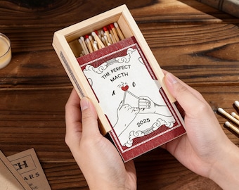 Personalized Wooden Matchbox Large,Custom “The Perfect Match” Box with Initials & Year,Valentine’s Gift for Him Her,Housewarming Gift
