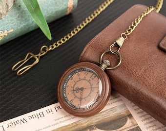 Men's Wood Pocket Watch with Chain,Engraved Pocket Watch,Steampunk Watch,Custom Pocket Watch,Groom Gifts,Anniversary Gift,Bast Men Gifts