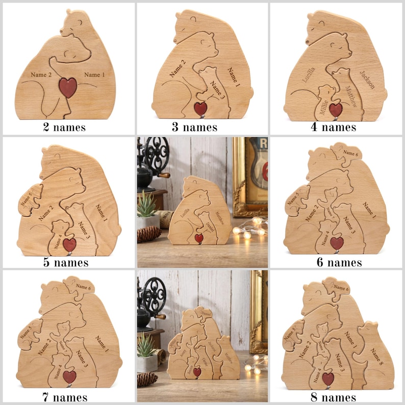 Peut inclure: Puzzle familial en bois en forme d'ours avec un c&oelig;ur rouge et un espace pour les noms. Disponible avec 2 &agrave; 8 noms. Les ours sont dans une pose c&acirc;line. Le texte "2 noms", "3 noms", "4 noms", "5 noms", "6 noms", "7 noms", et "8 noms" est visible.