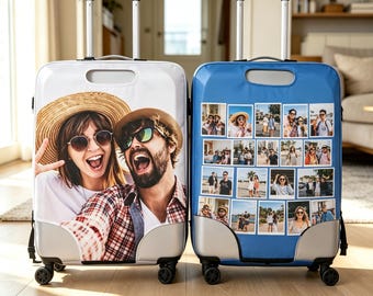 May include: Two upright rolling suitcases with telescoping handles and four wheels. The left suitcase is white and features a large photo of a smiling couple. The right suitcase is blue and displays a collage of multiple small square photographs.