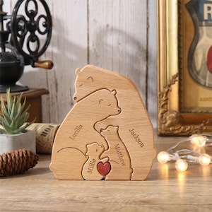Personalized Wooden Bear Family Puzzle,Hugging Bear Family Name Puzzle,Personalized 2-8 Home Decor,Gift for Mum Dad,Anniversary Gifts