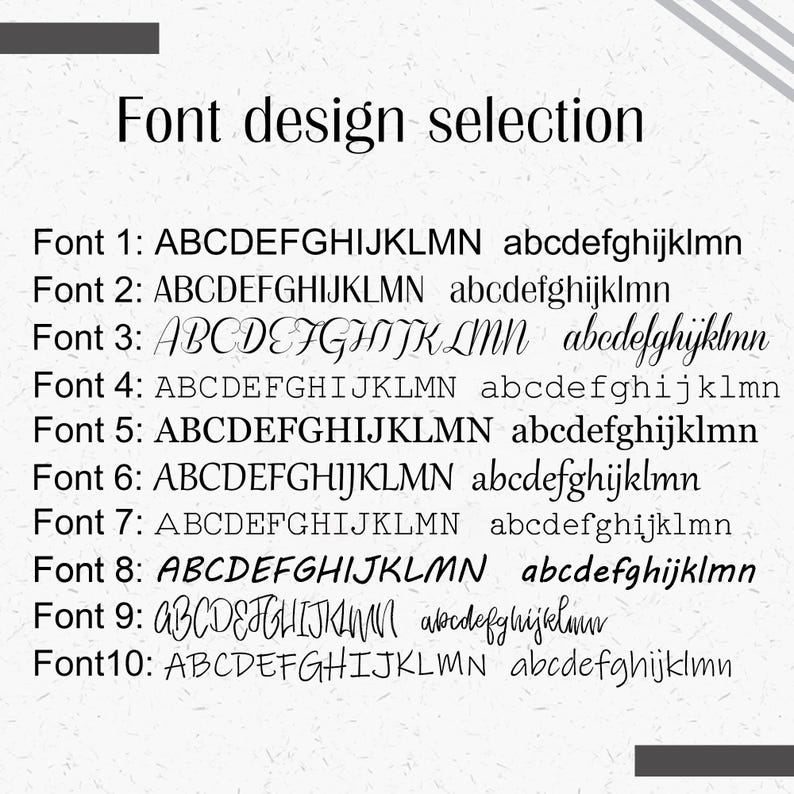 Peut inclure: Une image pr&eacute;sentant des options de conception de polices. Le texte "Font design selection" est en haut. Dix styles de polices diff&eacute;rents sont affich&eacute;s, chacun avec des exemples d'alphabets majuscules et minuscules. Les polices varient en style.