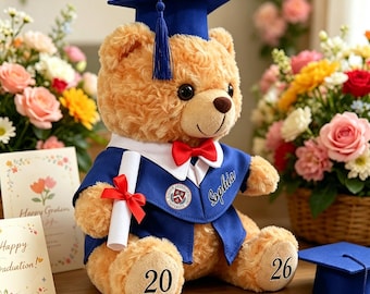 Custom Graduation Teddy Bear with School Emblem & Name,Personalized Class of 2026 Keepsake,Graduation Gift