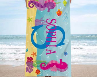 Personalized Beach Towel for Kids,Custom Name Cartoon Beach Towel,Ocean Animals Beach Towel,Pool Towel,Vacation Gift,Christmas Gifts for Kid