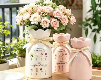 Custom First Mom Now Grandma Ceramic Flower Vas,Birth Month Flower Vase with Grandkids Name,Gift for Mom Nana Mothers Day Gift