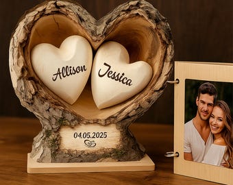 Personalized Wooden Tree Hole Heart Decor for Couple,Engraved couple Names & Dates Decor,Anniversary Keepsake, Valentine's Day Gift