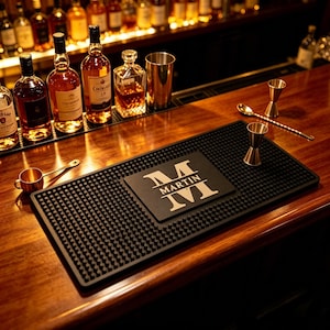 Personalized Silicone Bar Mat Custom Name & Initial Bar Runner Non Slip Cocktail Mat for Home Bar Gift for Dad Husband
