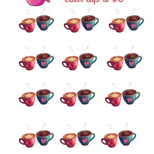 Pode incluir: Ilustração extravagante de uma chávena de café rosa com um rosto sorridente e vapor. Abaixo, pares de chávenas de café vermelhas e verde-azuladas com detalhes de coração são dispostos. O texto "COFFEE FUND" e "Each cup is $6" é exibido.