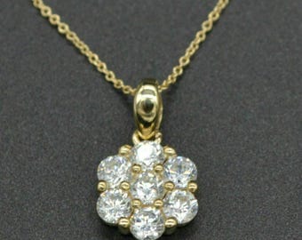 Simulated Diamond Flower Pendant Necklace, 14K Yellow Gold Plated Sterling Silver