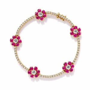 Runt slipat simulerat rosa rubin- och diamantformat tennisarmband för kvinnor i 14K gult guldpläterat 925 sterlingsilver