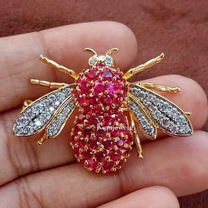 Honey Bee Brooch: Simulated Ruby & Diamond, 14K Gold Plated