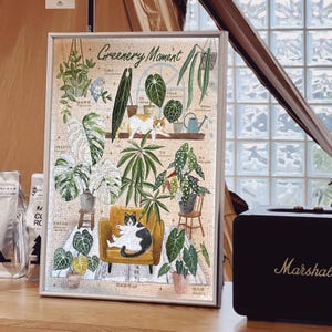 Botanical Plant Puzzle 1000 Pieces Houseplant Jigsaw Collection with Tropical Leaves & Cat Illustrations