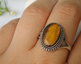 Tiger Eye Ring: Boho 925 Sterling Silver Statement Ring