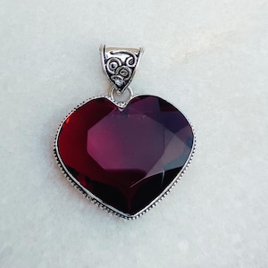 Garnet Pendant, Genuine Garnet 925 Sterling Silver Heart Shape Pendant, Valentine&#39;s Gift, January Birthstone, Garnet Jewelry, Gift for Her,
