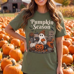 Pumpasäsongströja, söt spökpumpa-t-shirt, höst-Halloween-t-shirt, pumpafält-grafik-t-shirt, höstspöke-gåva, mysig hösttopp