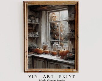 Rustic Vintage Autumn Kitchen Still Life, Pumpkin & Jars Painting, Cottagecore Fall Wall Art, Moody Farmhouse Decor, Digital Download Print