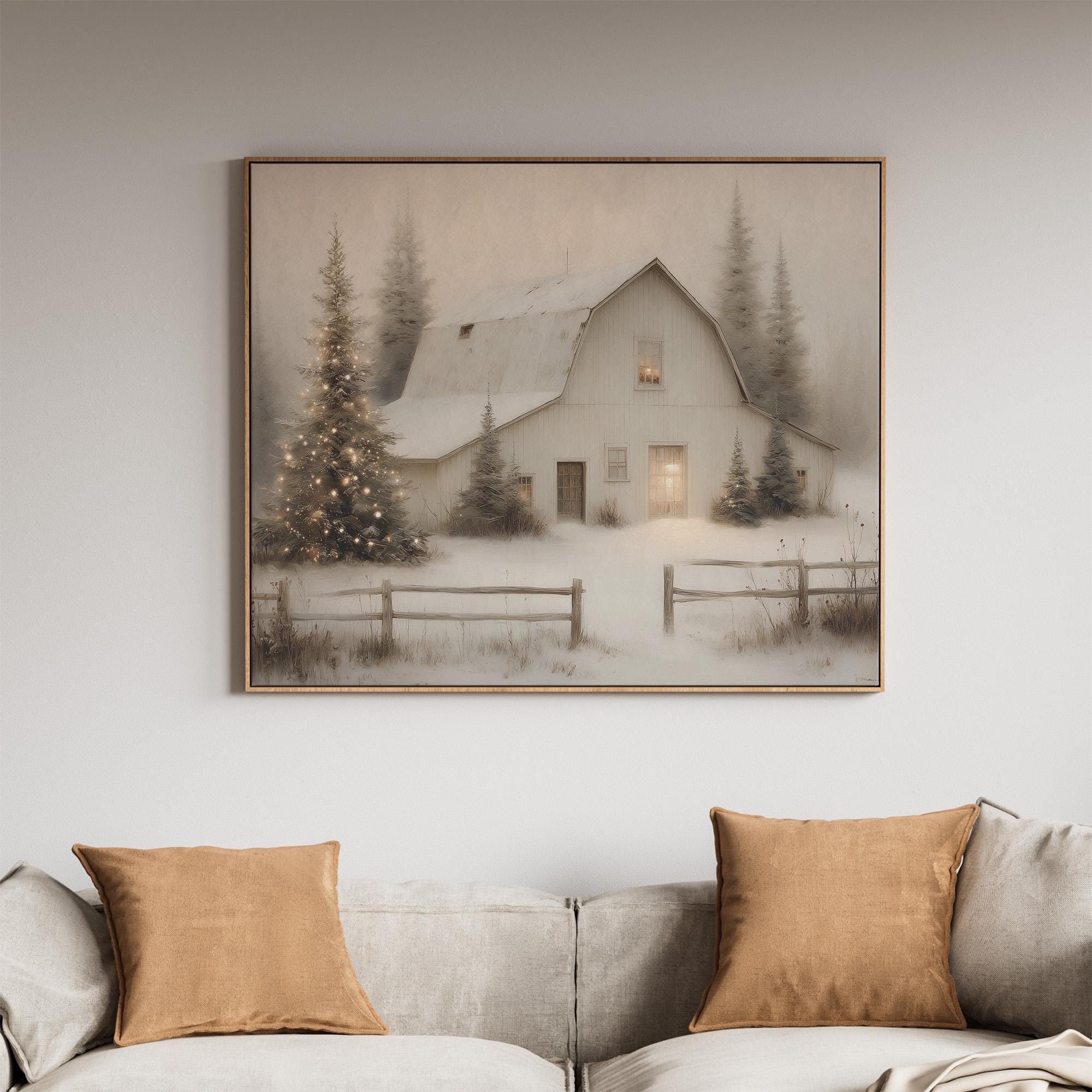 Snowy Barn Christmas Tree Art Print | Rustic Winter Farmhouse (digital ...