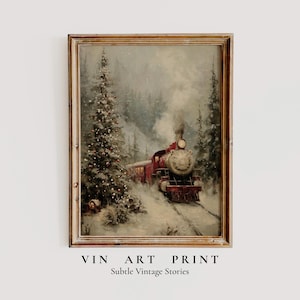 May include: Framed vintage art print featuring a red steam train traveling through a snowy forest. A decorated Christmas tree stands near the tracks. The print has a gold-colored frame and the text "VIN ART PRINT" and "Subtle Vintage Stories".