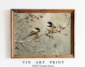 Winter Chickadee Vintage Art Print | Snowy Branch Bird (Digital Download)