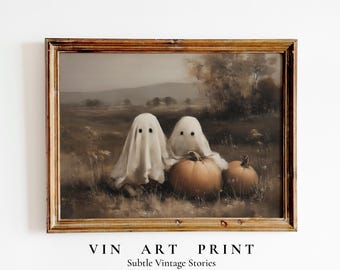Vintage Ghost Kids Halloween Art Print, Spooky Pumpkin Decor (Digital Download)