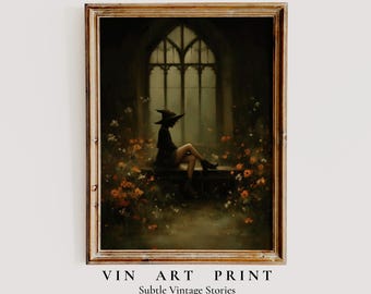 Witch Silhouette Halloween Print, Gothic Botanical Wall Art (Digital Download)