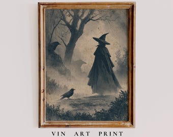 Lámina vintage de bruja de Halloween, arte mural de Dark Academia (descarga digital)