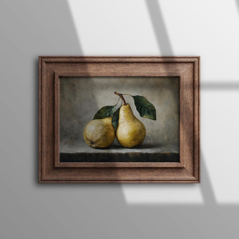 May include: A framed oil painting depicting two yellow pears with green leaves on a dark surface against a neutral background. The artwork is enclosed in a thick, textured brown wooden frame with a stepped, multi-layered profile design.