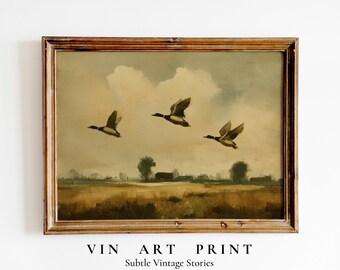 Impresión vintage de patos voladores, paisaje rústico de granja (descarga digital)