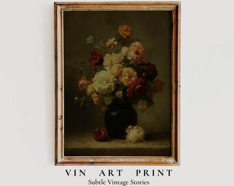 Vintage Floral Still Life Art Print, Moody Autumn Decor (Digital Download)