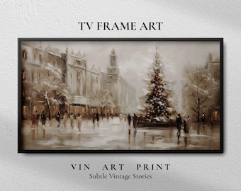 Christmas Cityscape TV FRAME ART,  Vintage Holiday Oil Painting (Digital Download)