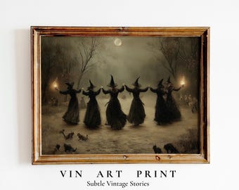 May include: Vintage art print in a wooden frame. The artwork depicts a group of witches in black robes and hats, holding hands in a circle under a full moon. Cats are scattered around them. The text at the bottom reads "VIN ART PRINT" and "Subtle Vintage Stories."