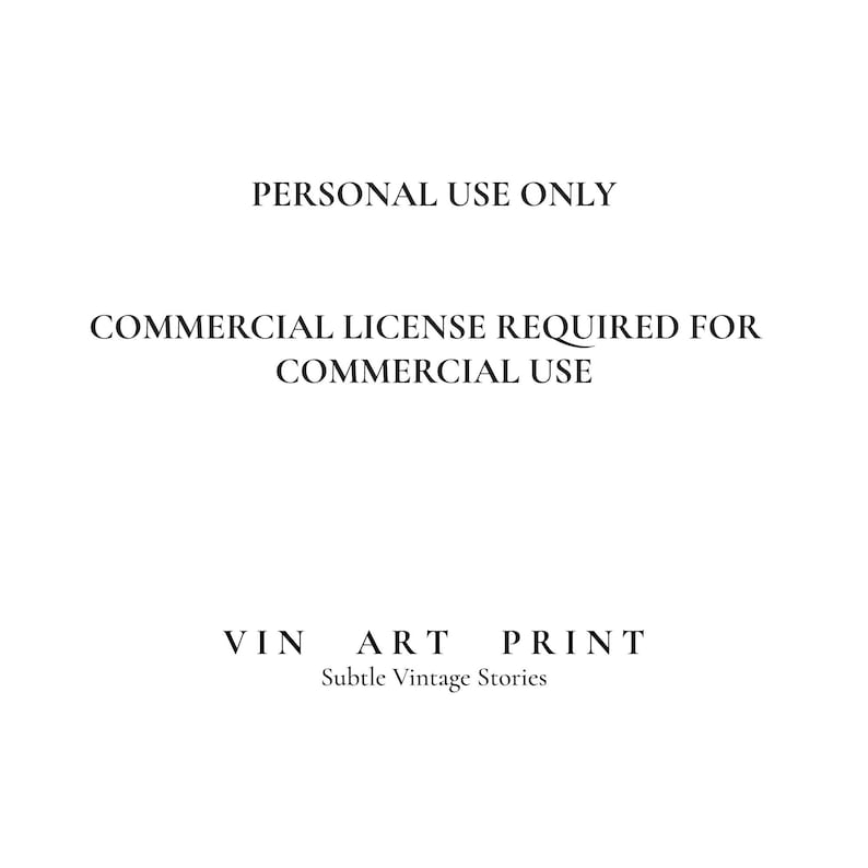 May include: A white digital document featuring black text that reads: PERSONAL USE ONLY, COMMERCIAL LICENSE REQUIRED FOR COMMERCIAL USE, VIN ART PRINT, and Subtle Vintage Stories. The text is centered and presented in a clean, sans-serif font.