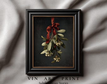 Vintage Mistletoe Print, Christmas Botanical Wall Art (Digital Download)