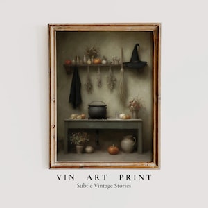 May include: A framed vintage art print depicting a witch's kitchen scene. The artwork features a black cauldron, pumpkins, a witch's hat, and dried herbs. The print has a rustic, antique aesthetic with the text "VIN ART PRINT" and "Subtle Vintage Stories".