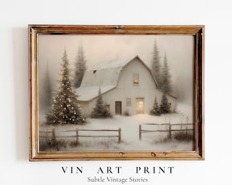 Snowy Barn Christmas Tree Art Print | Rustic Winter Farmhouse (Digital Download)