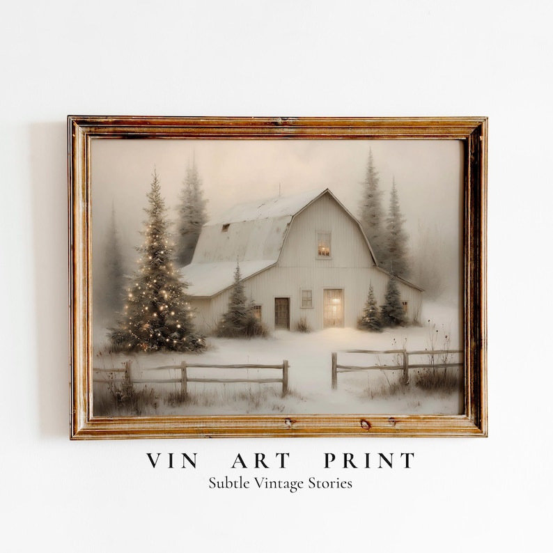 Snowy Barn Christmas Tree Art Print | Rustic Winter Farmhouse (digital ...