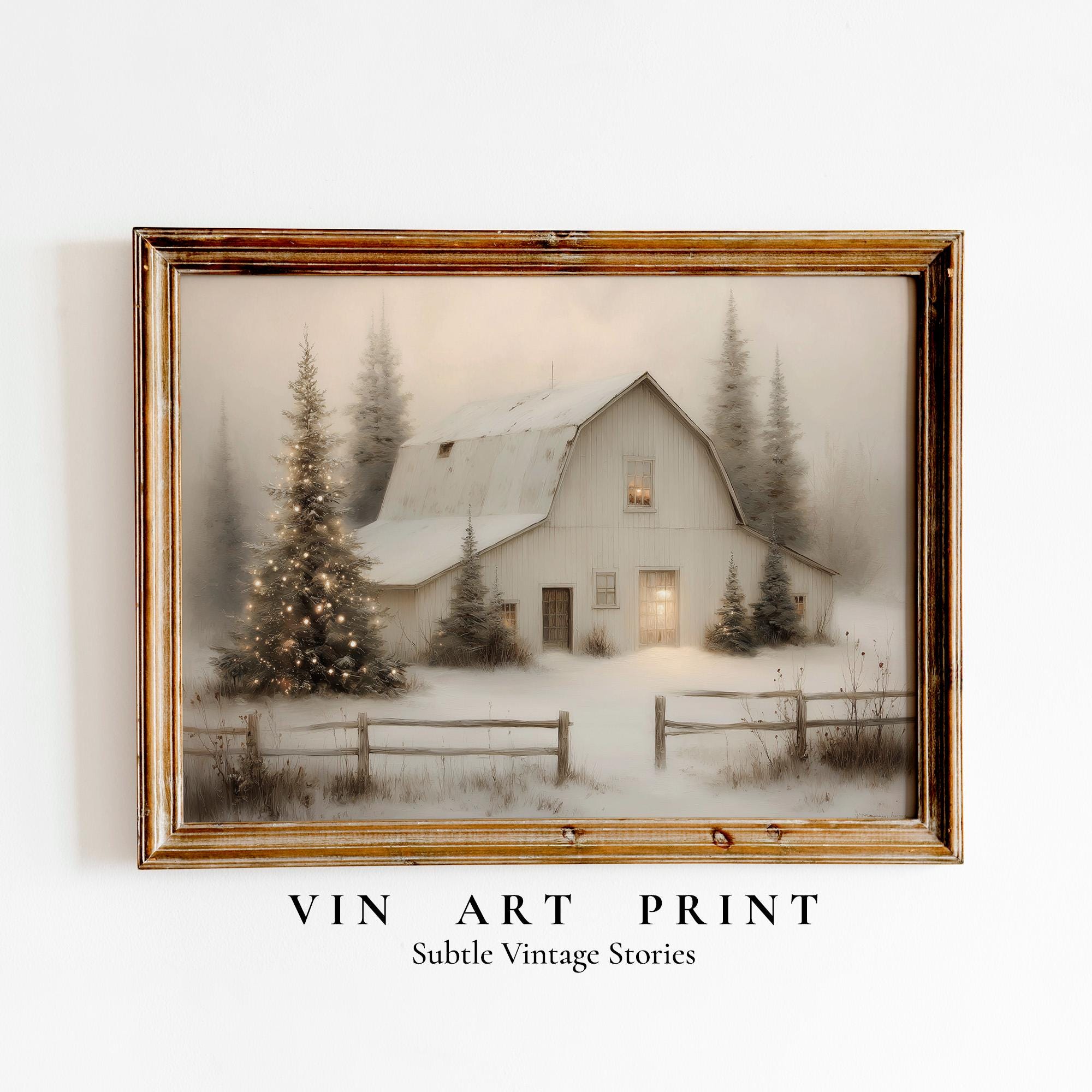 Snowy Barn Christmas Tree Art Print | Rustic Winter Farmhouse (digital ...
