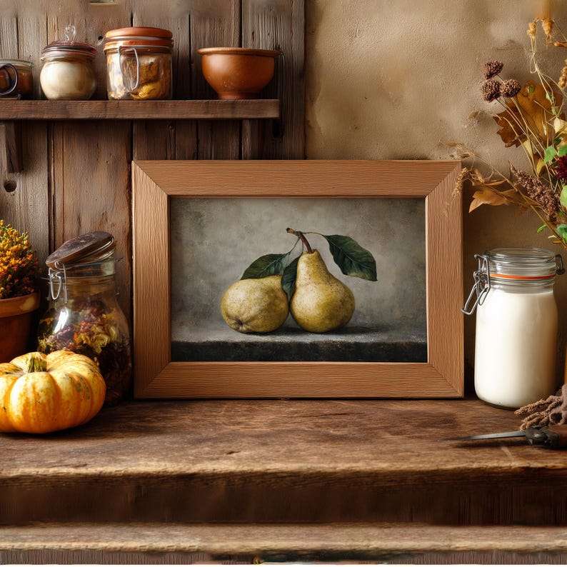 May include: A rectangular wooden frame containing a still life painting of two yellow pears with green leaves. The pears are positioned on a dark surface against a neutral, textured background, capturing a classic and detailed artistic composition.