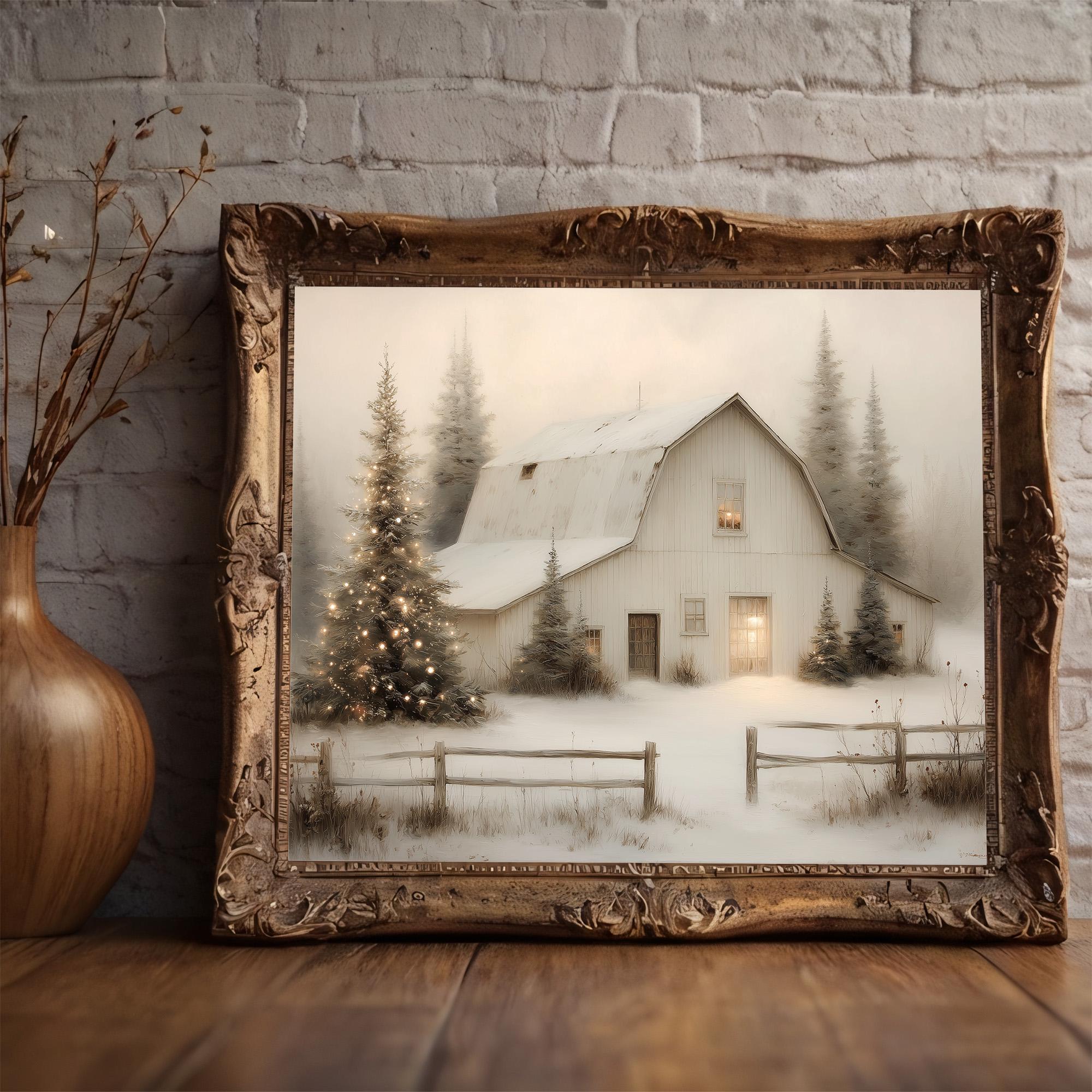 Snowy Barn Christmas Tree Art Print | Rustic Winter Farmhouse (digital ...