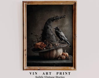 Vintage Halloween Crow Print | Witch Hat, Pumpkin, Gothic Art (Digital Download)
