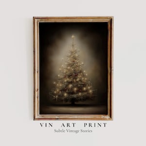 May include: A framed vintage art print featuring a Christmas tree with warm, glowing lights and ornaments. The tree is topped with a star and set against a dark, blurred background. The frame is a warm brown color. The text "VIN ART PRINT" and "Subtle Vintage Stories" is at the bottom.
