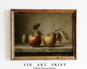 impression vintage de nature morte aux pommes, décoration de cuisine de ferme rustique (téléchargement numérique)