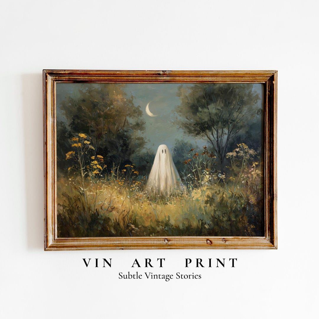 Cute Ghost in Wildflower Field Printable, Vintage Halloween Cottagecore ...