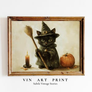 Cute Black Witch Cat Halloween Printable Art, Spooky Autumn Nursery Wall Art, Funny Kids Room Decor, Witchy Fall Cat Digital Download